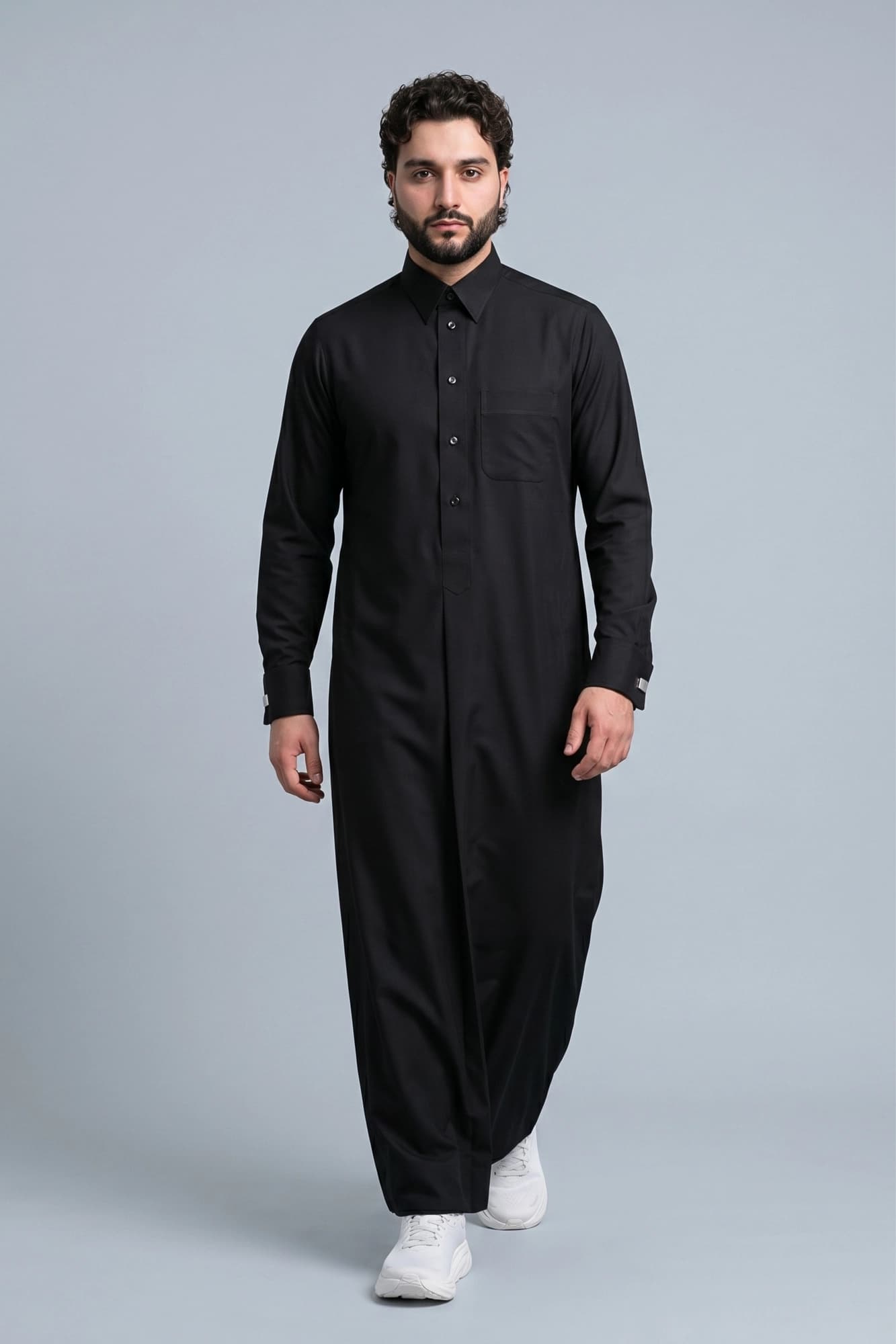 Black Qatari Thobe - Premium Spun Polyester