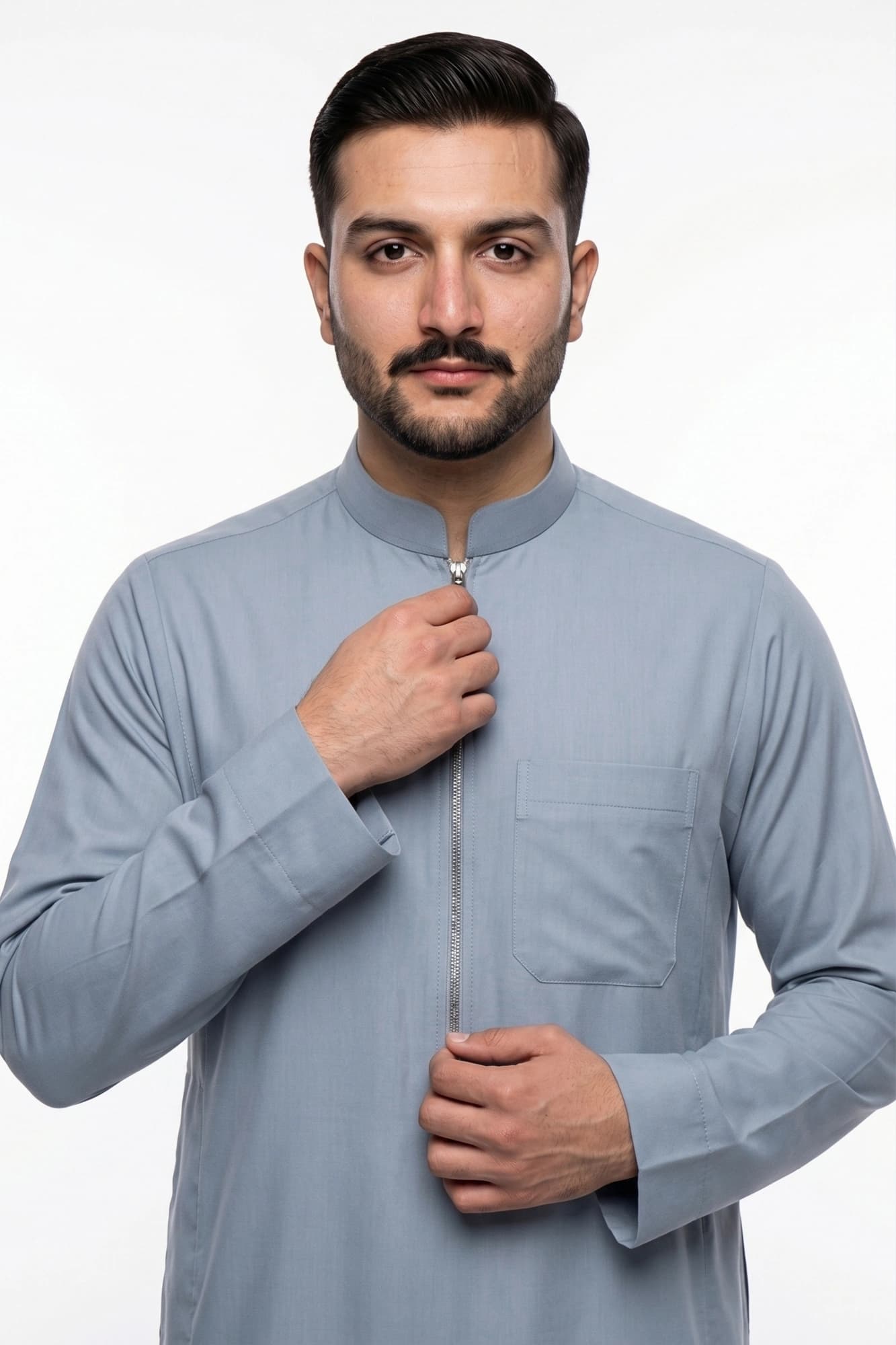 Misty Blue Saudi Zip Thobe - China Wool